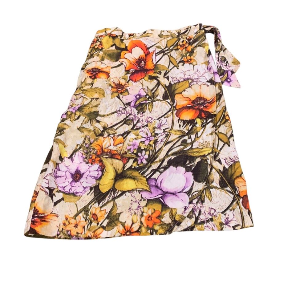 Chicos Womens Linen Floral Faux Wrap Sarong Skirt 4/6P Tropical Beach Vacation